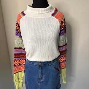 Free People Prism Fair Isle Colorful Cream Long Sleeve Turtleneck Sweater Small